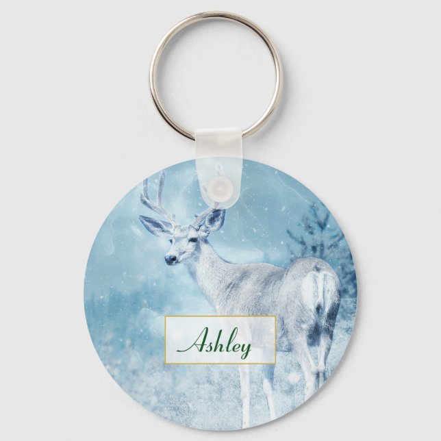 Winter Deer and Pine Trees Personalized Keychain (Front)