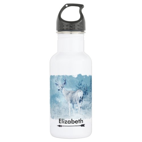 Winter Deer and Pine Trees Personalized Water Bottle