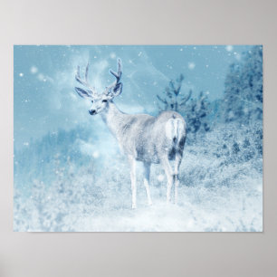 Winter Deer and Pine Trees Poster