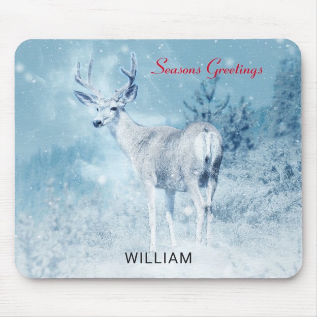Winter Deer and Pine Trees Seasons Greetings Mouse Pad (Front)