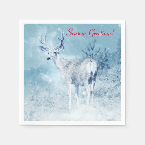 Winter Deer and Pine Trees Seasons Greetings Paper Napkins