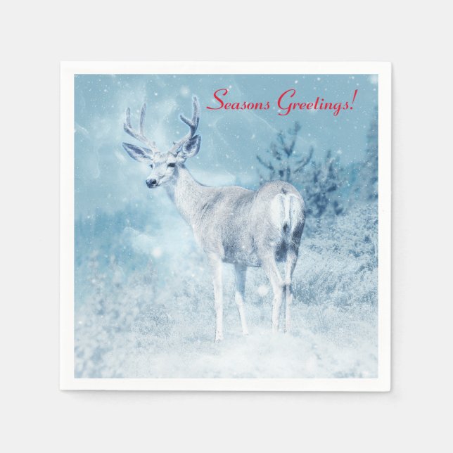 Winter Deer and Pine Trees Seasons Greetings Paper Napkins (Front)