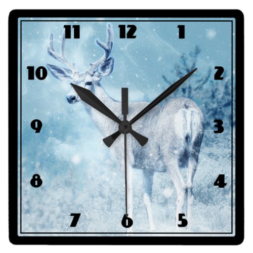 Winter Deer and Pine Trees Square Wall Clock