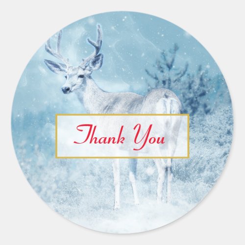 Winter Deer and Pine Trees Thank You Classic Round Sticker