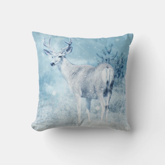Winter Deer and Pine Trees Throw Pillow (Front)
