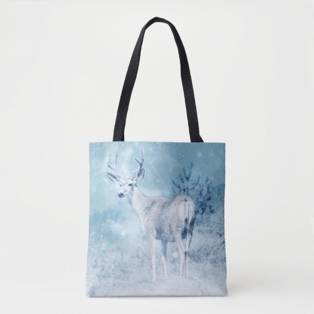 Winter Deer and Pine Trees Tote Bag (Front)