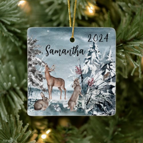 Winter Deer and Rabbit  landscape Watercolor  Name Ceramic Ornament