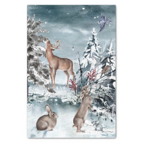 Winter Deer and Rabbit  landscape Watercolor   Tissue Paper
