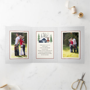 Winter deer and trees Christmas multi photo Tri-Fold Holiday Card