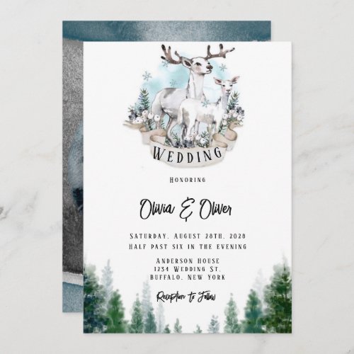 Winter Deer Antlers Snow Owl Moon Wedding  Invitation