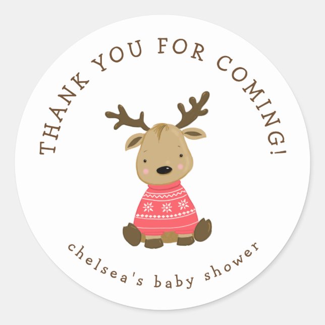 Winter Deer Baby shower favor Classic Round Sticker (Front)