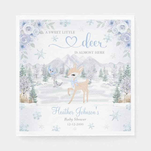 Winter Deer Blue Snowflake Baby Shower Napkins (Front)