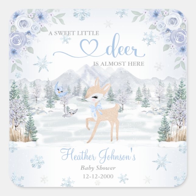 Winter Deer Blue Snowflake Baby Shower Square Sticker (Front)