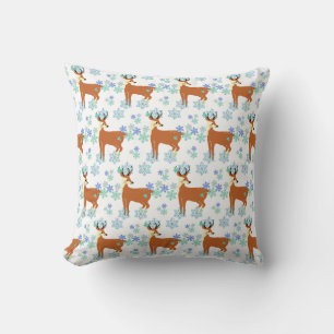 Winter Deer & blue snowflakes pattern on white Throw Pillow