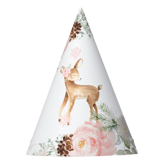 Winter deer blush pink birthday party hat (Front)