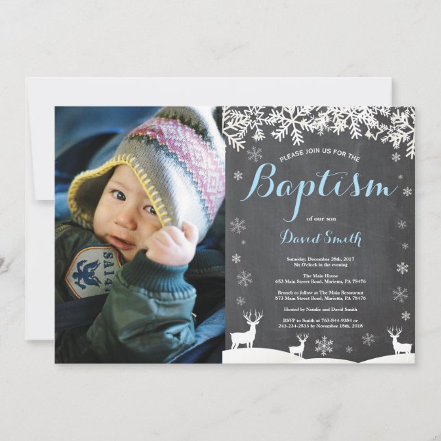 Winter Deer Boy Baptism Photo Invitation (Front)