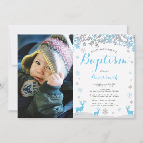 Winter Deer Boy Baptism Photo Invitation