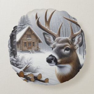 Winter deer/Buck art Round Pillow