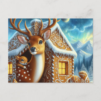 Winter Deer Family in Gingerbread House Postcard