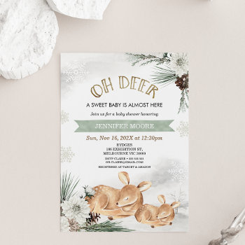 Winter Deer Fawn Floral Pine Cones Baby Shower Invitation by figtreedesign at Zazzle