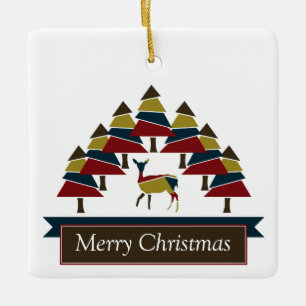Winter Deer Forest Happy Holidays Ceramic Ornament