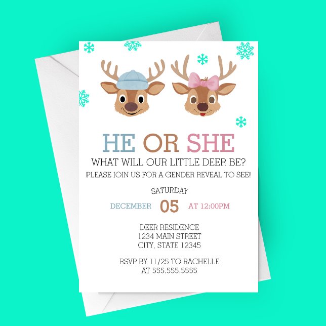 Winter Deer Gender Reveal Invitation (Little Deer Be, Winter Themed Gender Reveal Party Invitation)