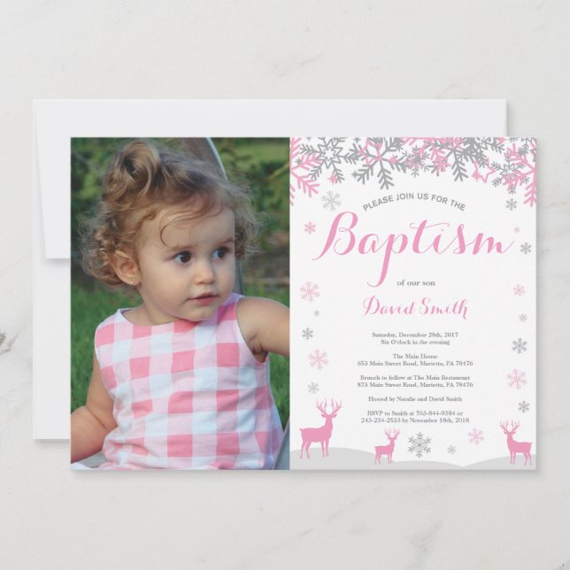 Winter Deer Girl Baptism Photo Invitation (Front)