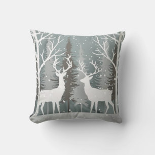 Winter Deer Gray Blue Forest Design Throw Pillow