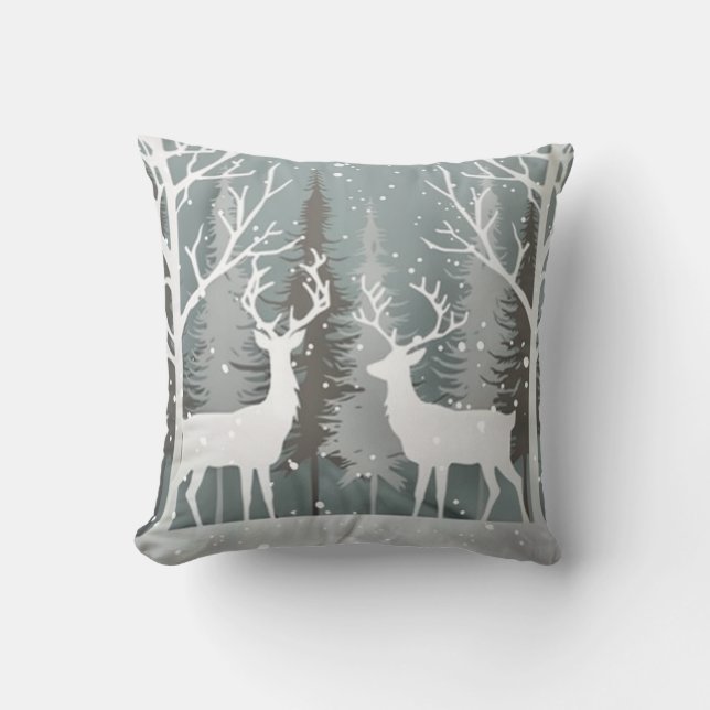 Winter Deer Gray Blue Forest Design Throw Pillow (Front)
