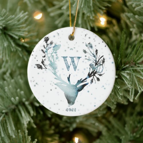 Winter Deer head Silver Blue Monogram Christmas Ce Ceramic Ornament