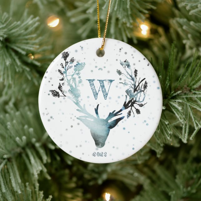 Winter Deer head Silver Blue Monogram Christmas Ce Ceramic Ornament (Tree)