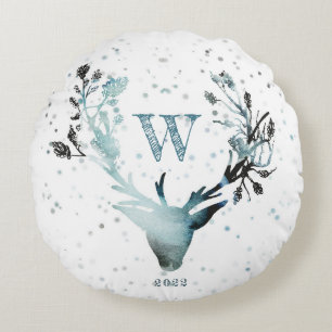 Winter Deer head Silver Blue Monogram Christmas  Round Pillow