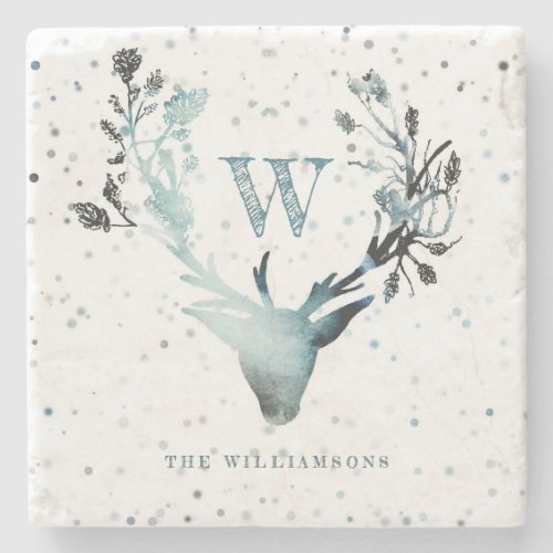 Winter Deer head Silver Blue Monogram Christmas Stone Coaster