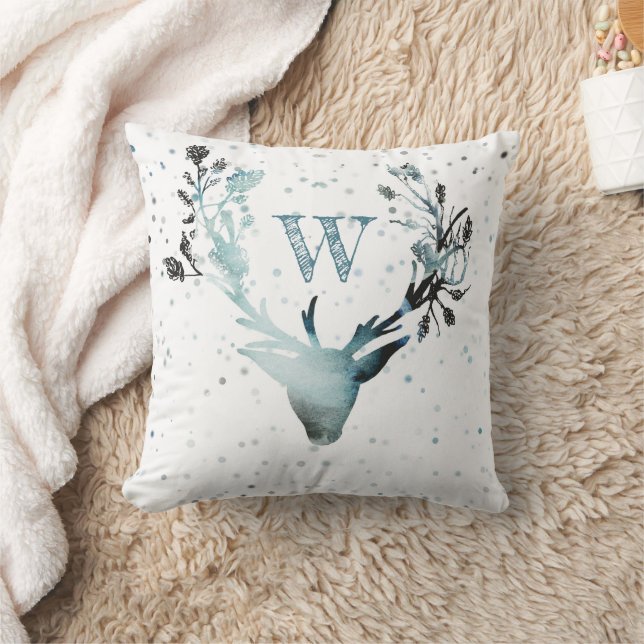 Winter Deer head Silver Blue Monogram Christmas Throw Pillow (Blanket)