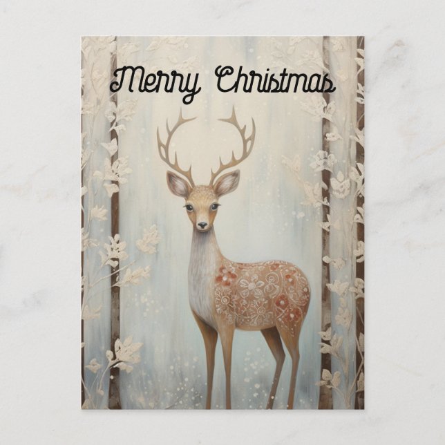 Winter Deer in Forest Merry Chistmas Postcard (Front)