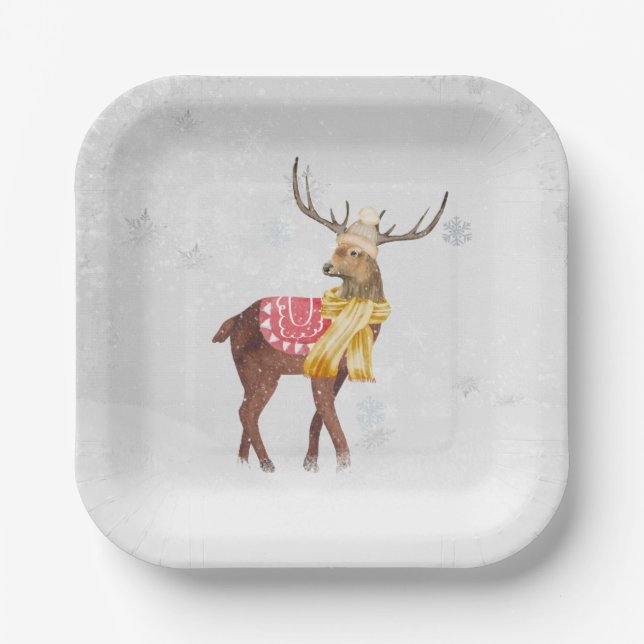 Winter Deer In Snowflakes Paper Plates (Front)