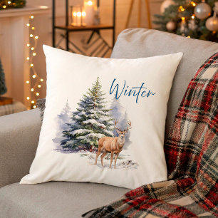 Winter Deer in Snowy Forest Throw Pillow