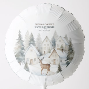 Winter Deer in Village Watercolor Baby Shower Balloon