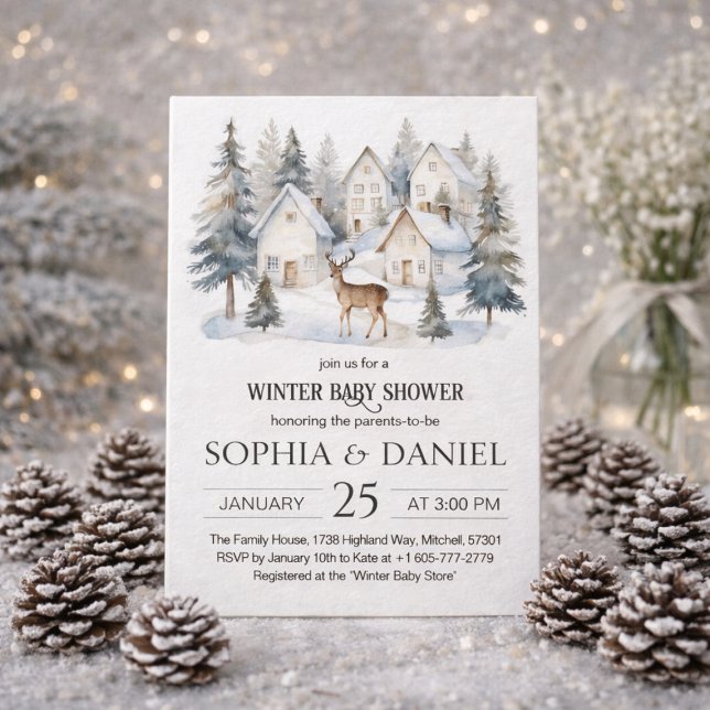 Winter Deer in Village Watercolor Baby Shower Invitation (Winter Deer in Village Watercolor Baby Shower Invitation)