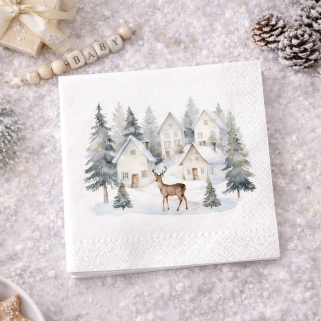 Winter Deer in Village Watercolor Baby Shower Napkins (Winter Deer in Village Watercolor Baby Shower Napkins)