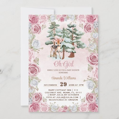 Winter Deer Oh Girl Floral Baby Girl Shower  Invitation