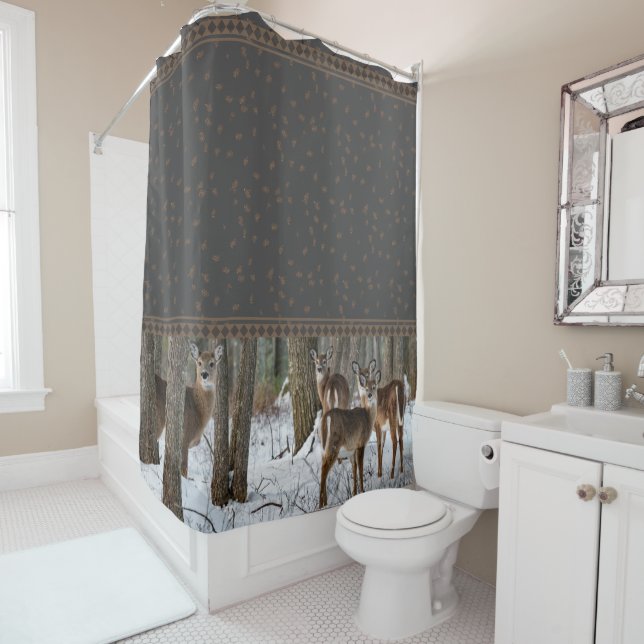 Winter Deer & Pine Cones Shower Curtain (In Situ)