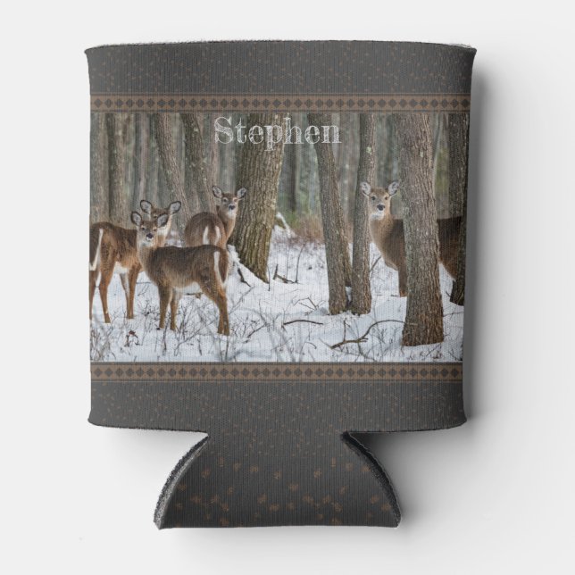 Winter Deer & Pinecones Can Cooler (Front)