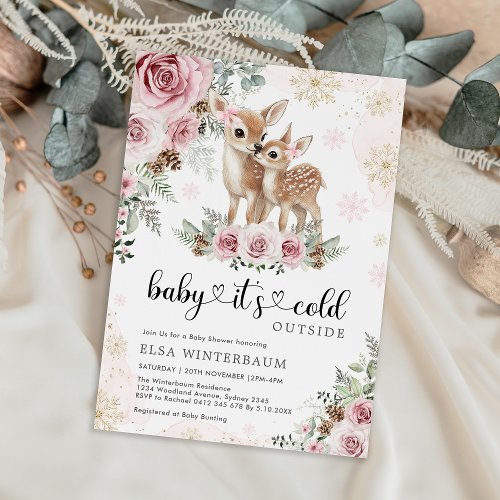 Winter Deer Pink Gold Roses Girl Baby Shower