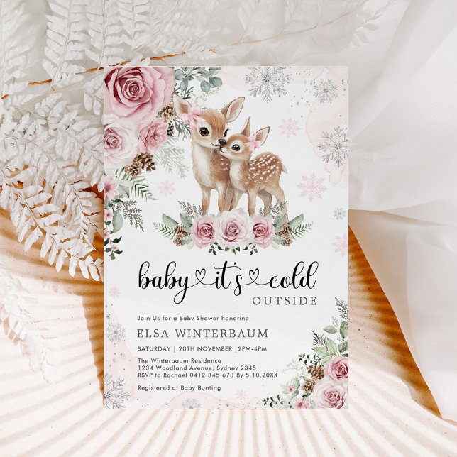 Winter Deer Pink Silver Floral Girl Baby Shower Invitation (Creator Uploaded)