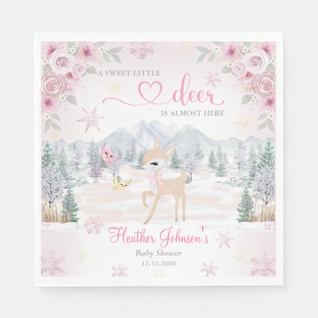 Winter Deer Pink Snowflake Baby Shower  Napkins (Front)