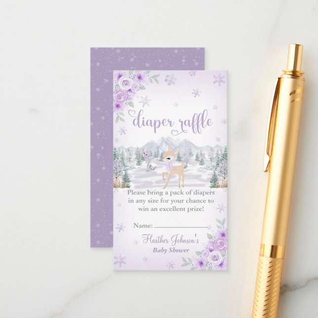Winter Deer Purple Snowflake Baby Shower Enclosure Card (Front/Back In Situ)