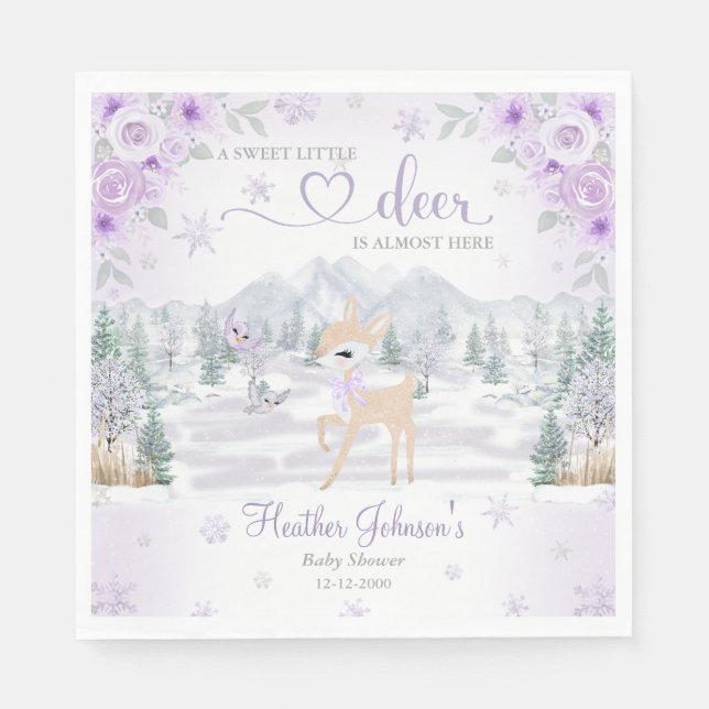 Winter Deer Purple Snowflake Baby Shower Napkins (Front)
