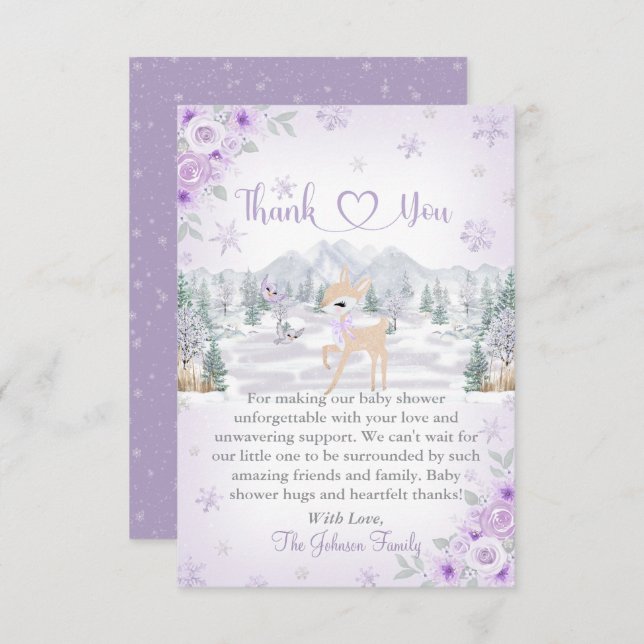 Winter Deer Purple Snowflake Baby Shower Thank You Card (Front/Back)