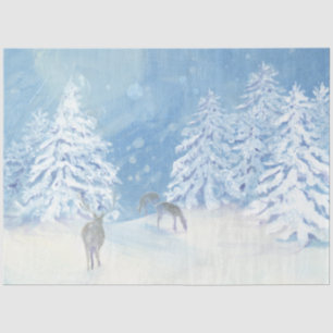 Winter Deer Snow Falling Christmas Tree Blue White Tissue Paper